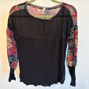 Tiny Floral Sheer‎ Long Sleeve Top Black Bohemian Flowy Blouse Size Small